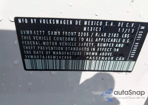 2014 Volkswagen Jetta 1.8T Se z USA, uszkodzony, nr VIN 3VWD07AJ8EM242456